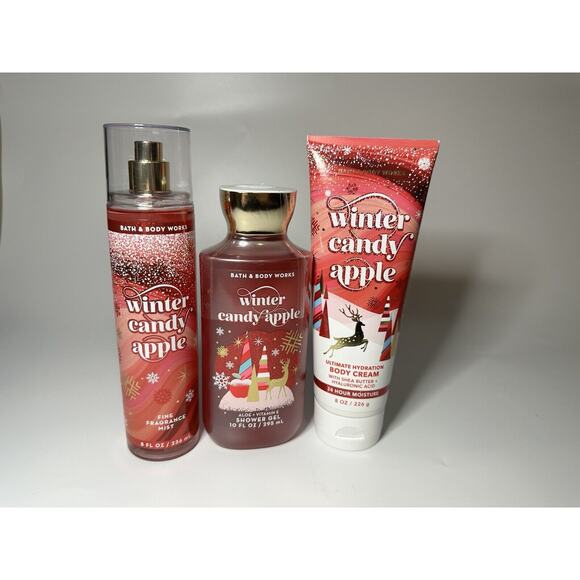 Bath & Body Works 3 Piece WINTER CANDY APPLE Cream Mist Gel TRAVEL Set - Picture 1 of 5